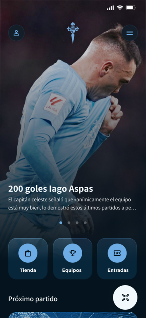 Celta App - Offizieller Startbildschirm der Celta Vigo App mit Neuigkeiten über Iago Aspas und Menüoptionen für Shop, Teams und Tickets