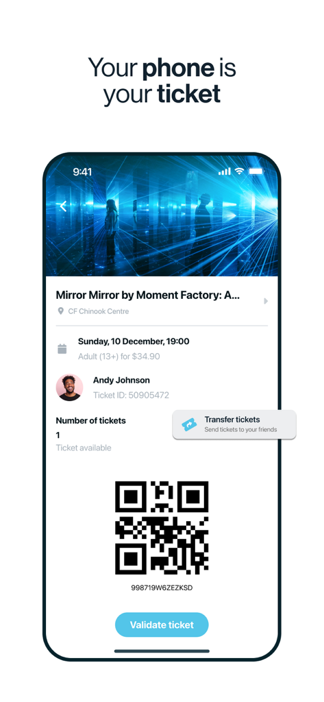Fever app screen displaying a digital ticket with a QR code and a ticket transfer option.