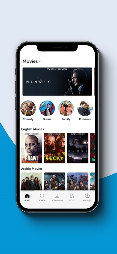 Mobily TV - Mobily TV mobile app interface displaying a selection of English and Arabic movies across various genres