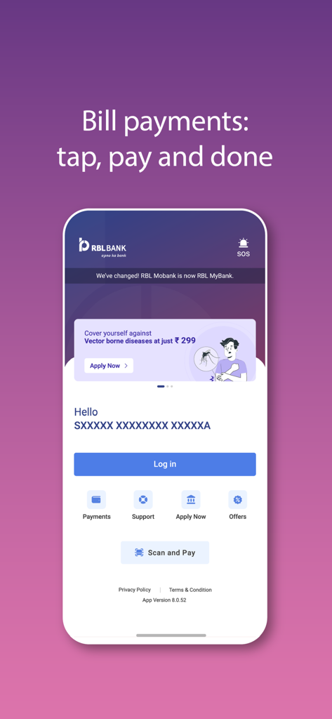 RBL MyBank (Prev. RBL MoBank) - RBL MyBank app login screen showing bill payment features and scan and pay options on a mobile device.