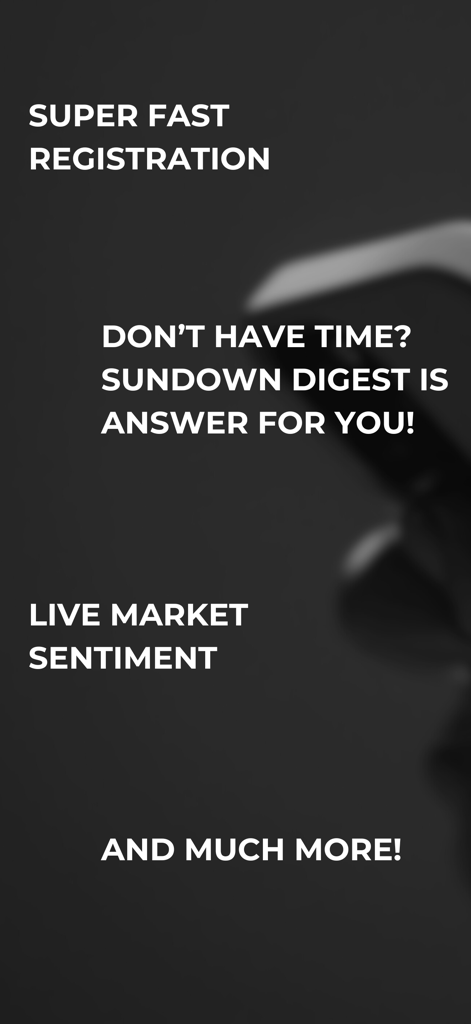Finnext: AI Stock Forecasts - Marketing screen showing Finnext app features like Sundown Digest and live market sentiment