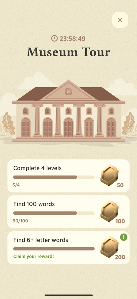 A screen from the Word Master app showing the Museum Tour missions and coin rewards for word puzzle completion.