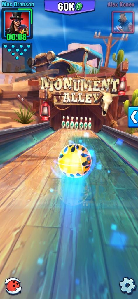 Bowling Crew — 3D Sport Game - 빛나는 노란색 볼링공이 핀을 향해 굴러가는 Monument Valley 볼링장의 3D 볼링 매치