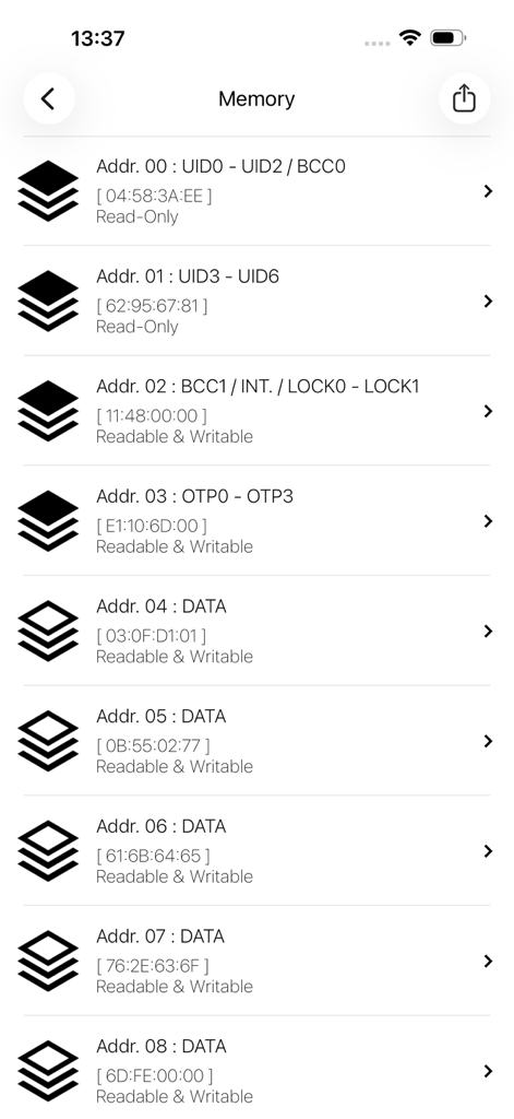 NFC Tools app displaying memory addresses and hexadecimal data on an NFC chip