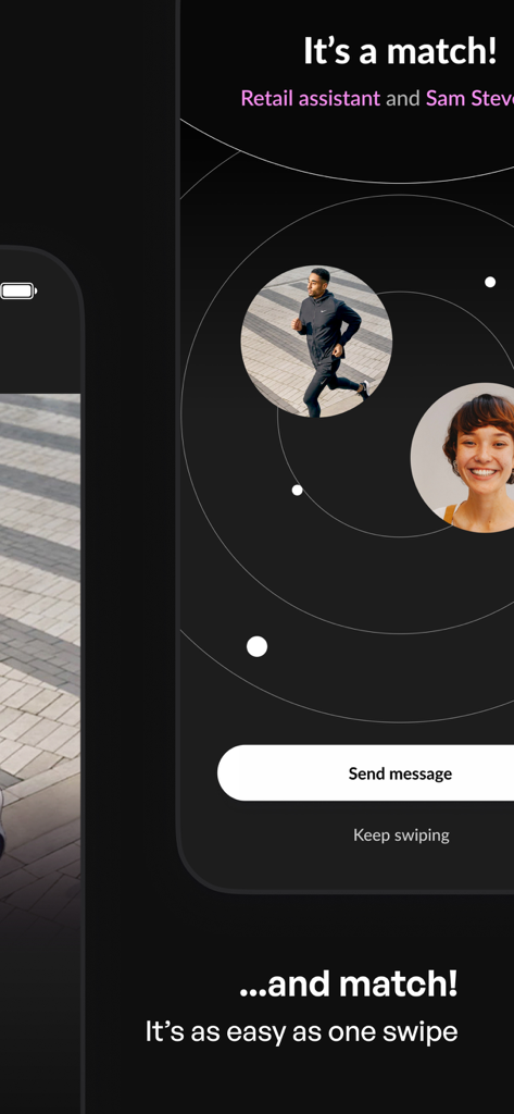 Getahead - Swipe a job today - Screenshot of the Getahead app showing a match between a retail assistant job and a candidate with options to send a message or keep swiping