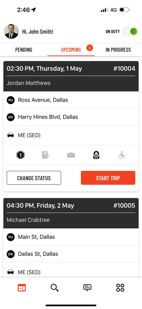 Screenshot dell'app DriverAnywhere 4.0 che mostra un elenco di corse programmate imminenti per un autista