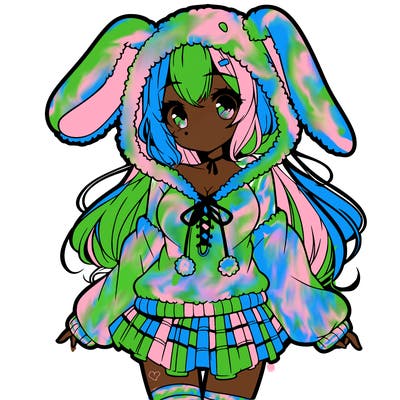 pretty anime girl wearing a fluffy hoodie with bunny ears on the hood and a skirt