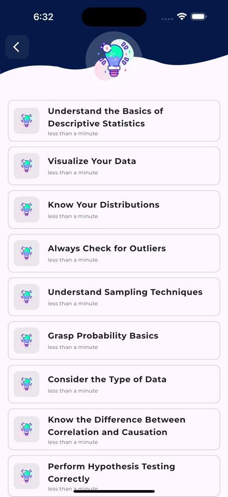 Learn Statistics [PRO] - Pantalla que muestra módulos de aprendizaje estadístico como probabilidad y muestreo en la aplicación Learn Statistics PRO