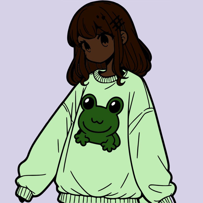 girl wearing frogging sweatshirt