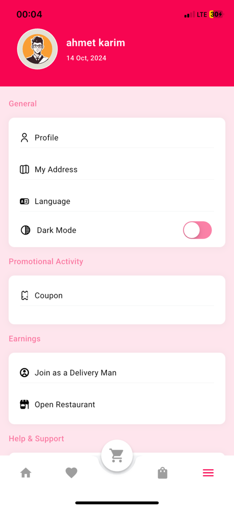 User profile and settings screen in the Wajbati food delivery app showing account options and earnings settings