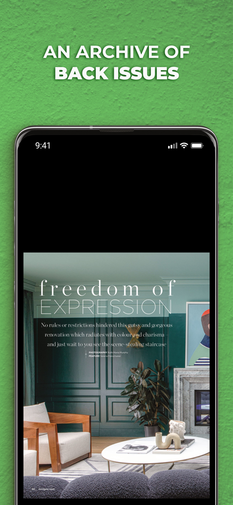 Livingetc Magazine NA - A smartphone displaying the Livingetc Magazine NA app showcasing a modern interior design article within its digital back issue archive