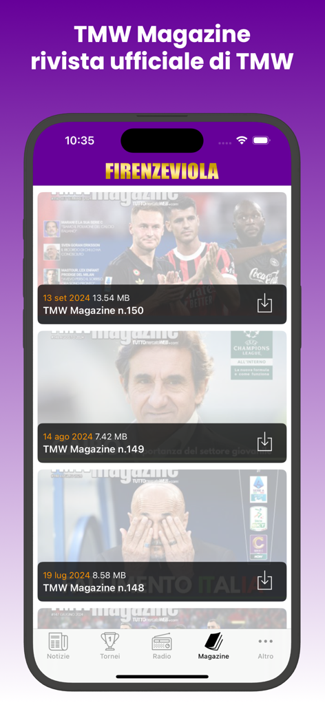 FirenzeViola.it - List of downloadable TMW Magazine issues in the FirenzeViola app