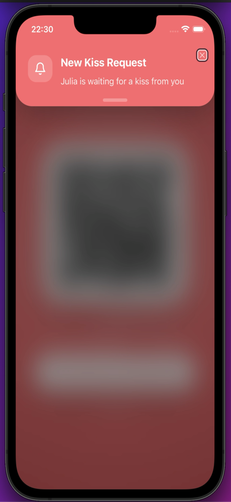 Ring For A Kiss - A phone screen displaying a New Kiss Request notification from Julia on the Ring For A Kiss app