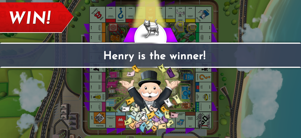 The official Monopoly mobile app victory screen showing Henry as the winner with Mr Monopoly celebrating.