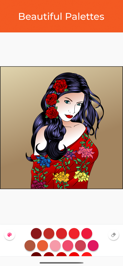 Coloring Book Pro Adult Relax - A digital coloring page of a woman with roses and a selection of red color palettes