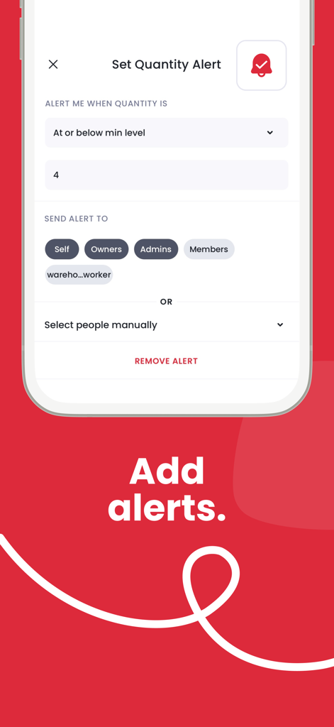 Mobile screen showing low stock alert settings in the Sortly inventory app
