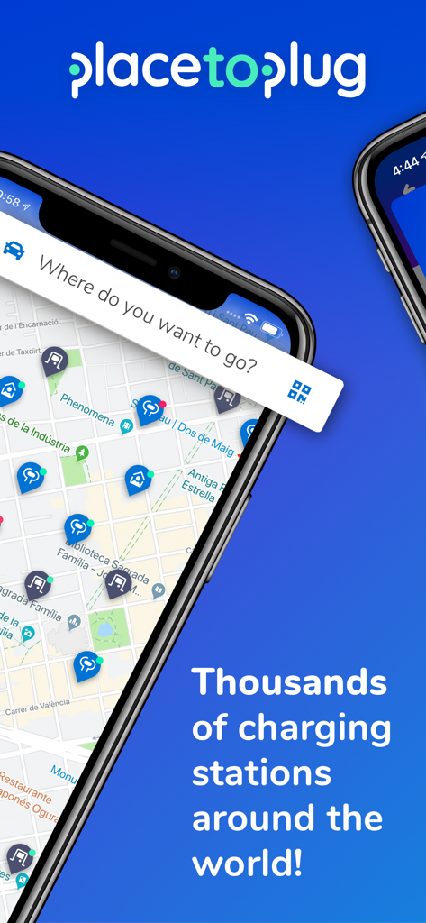 Die mobile App-Oberfläche von Place to Plug zeigt eine Karte mit tausenden von Ladestationen für Elektrofahrzeuge weltweit.