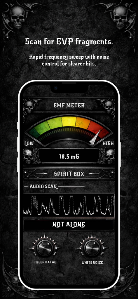 EVP Spirit Box: Ghost Detector - Interface do aplicativo EVP Spirit Box apresentando um medidor de EMF e controles de varredura de áudio com um tema gótico.