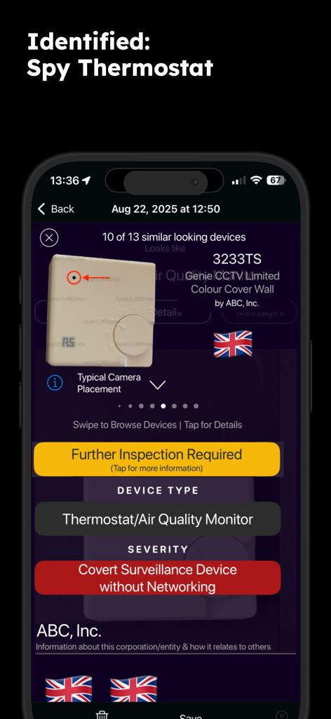 deviceOwl: Find Spy Devices - Interfaz de la aplicación deviceOwl mostrando la identificación de una cámara espía oculta dentro de un termostato.