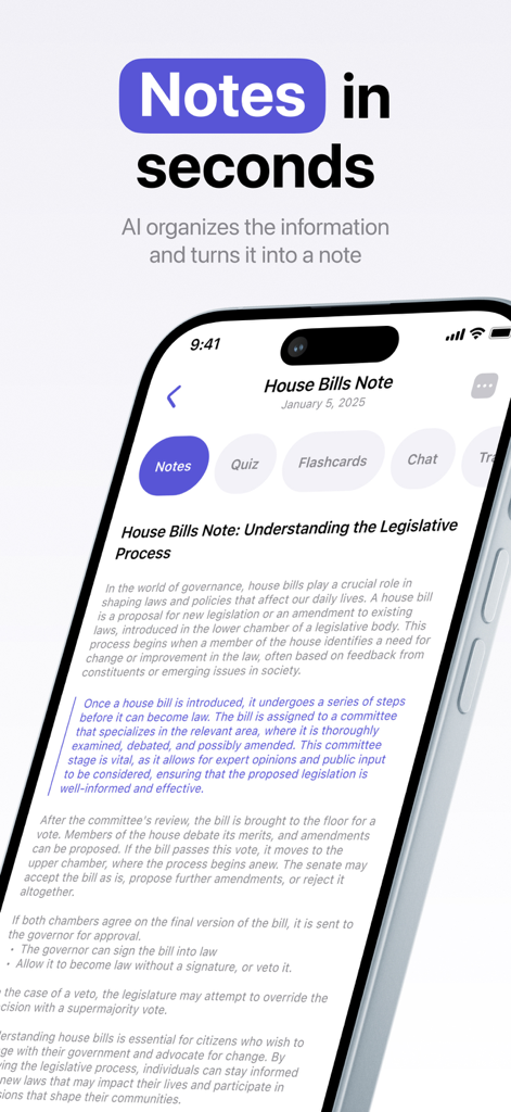 Lecture AI Note Taker, Summary - Interface do aplicativo móvel Notimo mostrando notas de aula geradas por IA e resumo em um iPhone.