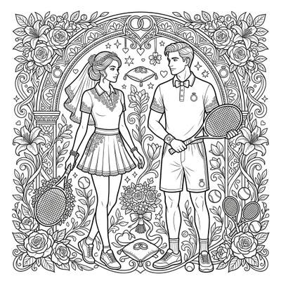 Get ready to celebrate love on the court with this delightful coloring page featuring a bridal couple in elegant tennis activewear. This intricate design blends the excitement of a match with the romance of a wedding day, perfect for all ages.