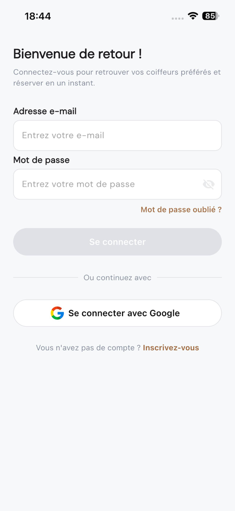 Login screen for Yada Coiffure home beauty services app