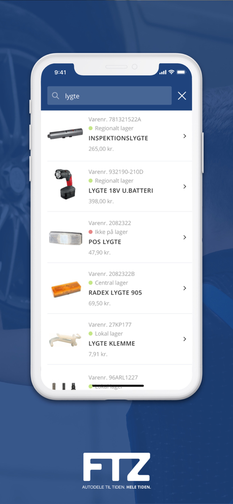 FTZ - FTZ app search screen showing various automotive lighting parts with availability and prices