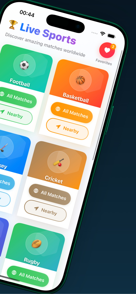 The Darato - Live Sport Scores - The Darato mobile app home screen showing sports categories for live scores and nearby games.