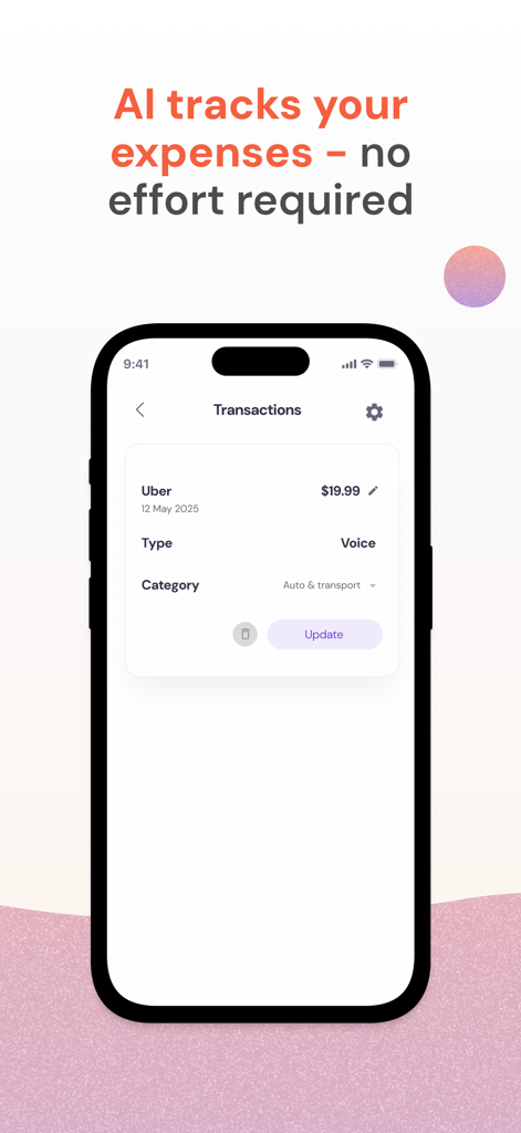 AI Expense Tracker - Vossa - Un smartphone que muestra una transacción de Uber registrada por voz en la interfaz de la aplicación Vossa AI Expense Tracker