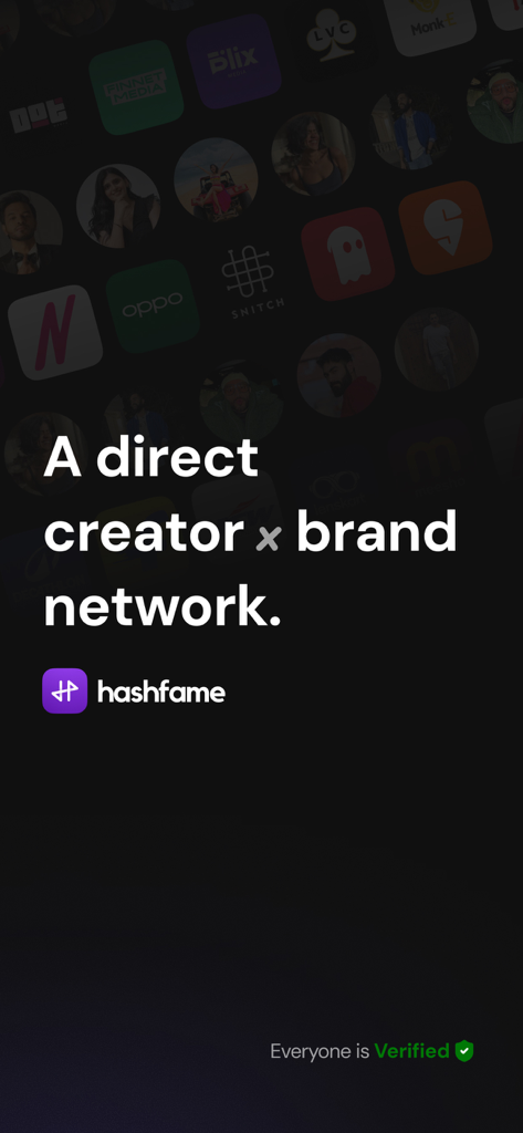 HashFame - HashFame app screen showcasing a direct network for creators and brands with verified profiles