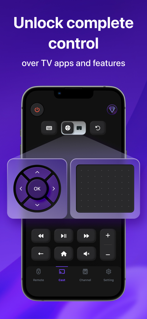 TV Remote for TV Universal - Interfaz de la aplicación Universal TV Remote con panel táctil y controles de navegación