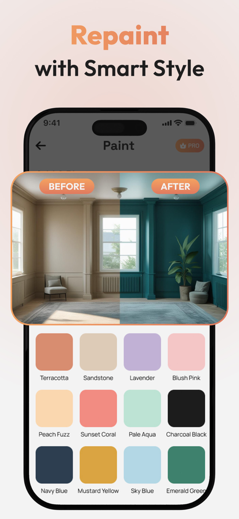 HomeAura: AI Interior Design - Comparação de antes e depois de um cômodo repintado com o aplicativo de design de interiores com IA do HomeAura