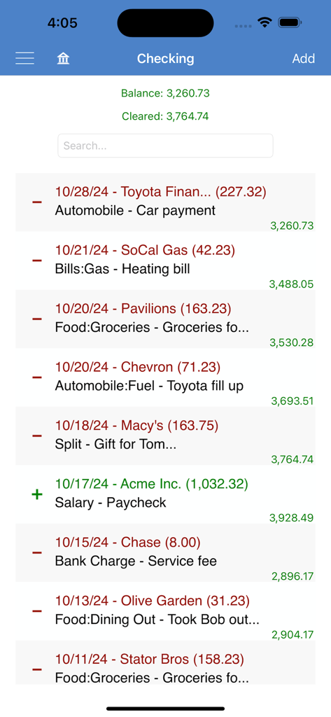 A mobile screen displaying a checking account register with categorized transactions and account balances