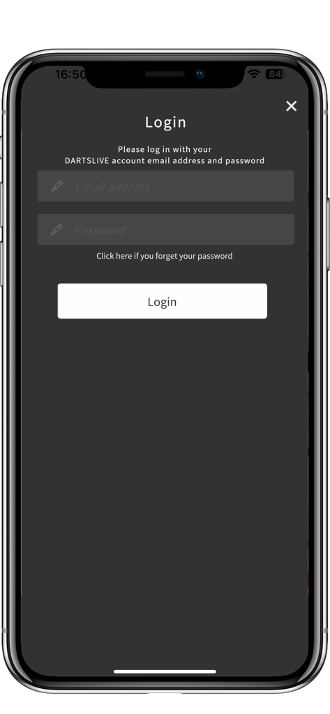 DARTSLIVE TV - アカウントアクセスにメールアドレスとパスワードが必要なDARTSLIVE TVアプリのログイン画面