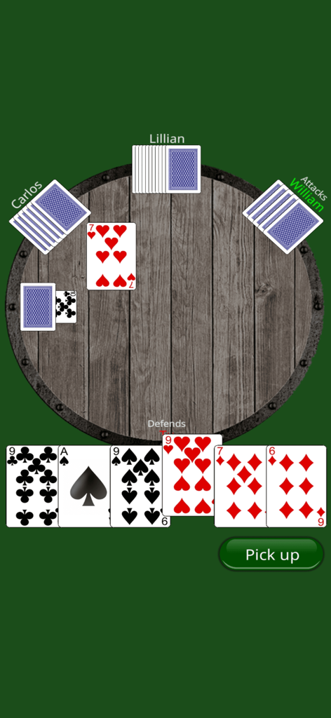 Jogabilidade online do jogo de cartas Durak com jogadores ao redor de uma mesa redonda de madeira