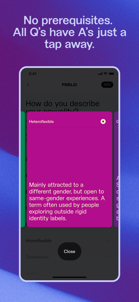 Feeld: Open-Minded Dating App - Uno screenshot dell'app Feeld che mostra una definizione dettagliata dell'etichetta di sessualità eteroflessibile