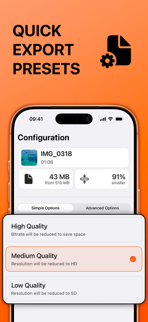 Video Compressor - Kompresso - Interface of Kompresso app displaying quick export presets for high medium and low video quality settings