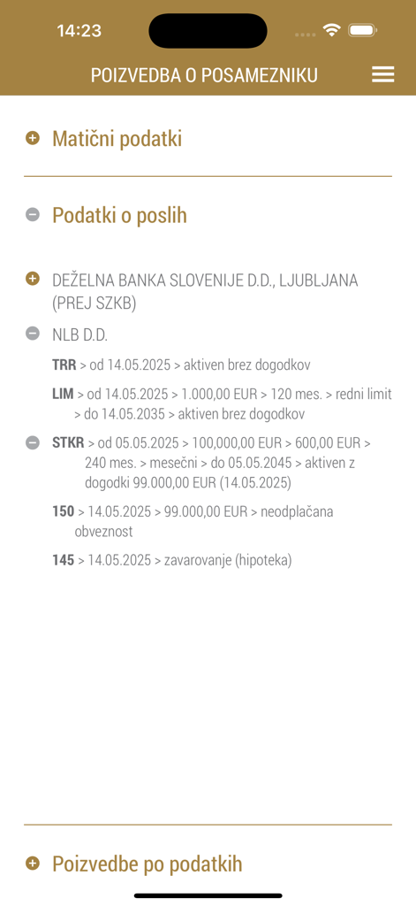 Moj SISBON - Individual credit inquiry screen in the Moj SISBON app showing detailed bank transaction data