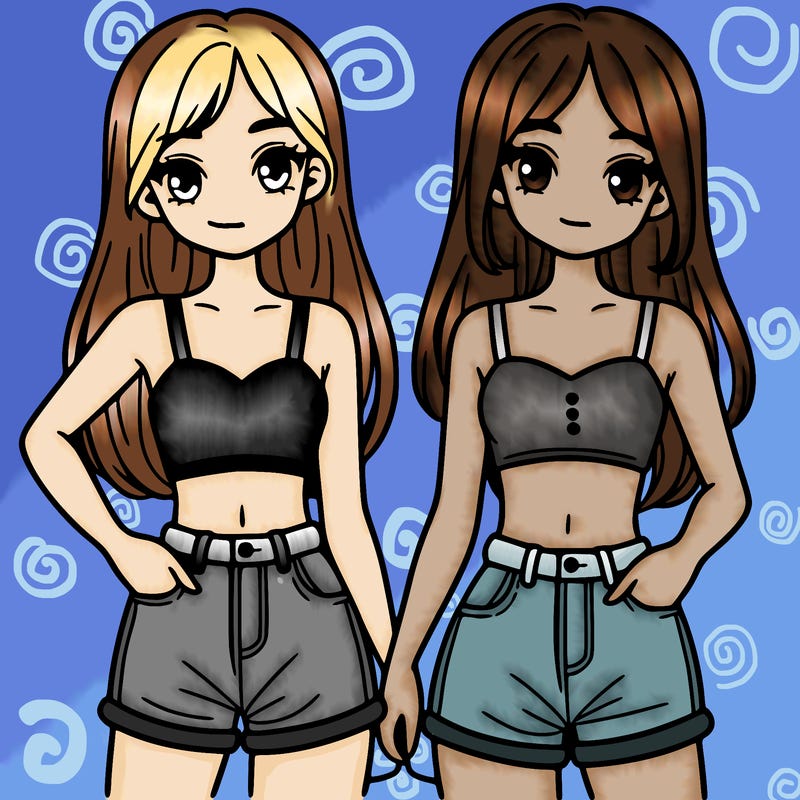 two sisters with crop tops and jean shorts and straight hair
