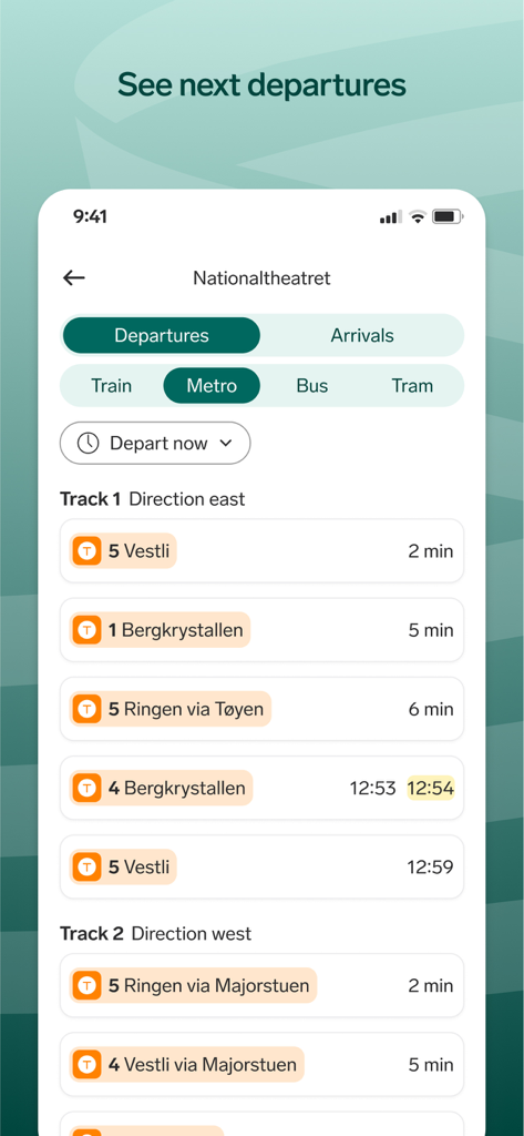 Vy - Interfaz de la aplicación Vy que muestra horarios de salida de metro y rutas en tiempo real desde la estación Nationaltheatret