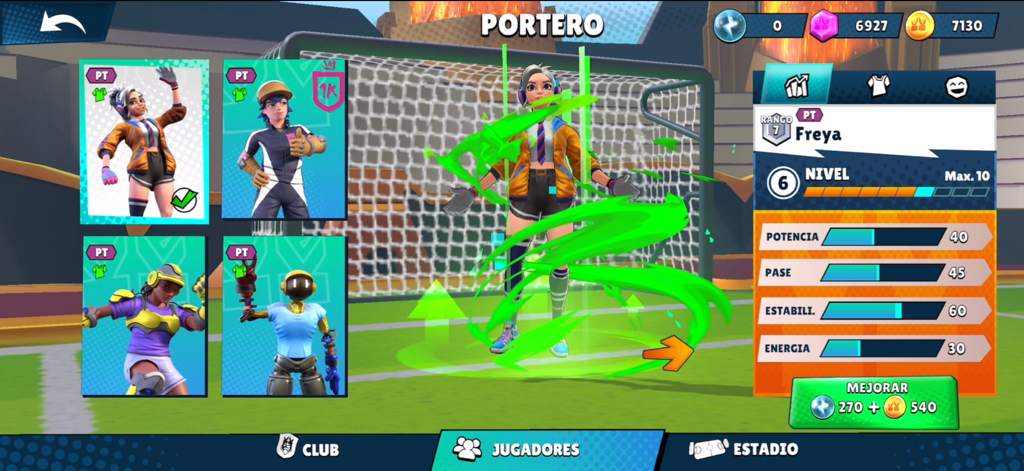 Kings League Clash of Captains - Kings League Clash of Captains player management screen showing goalkeeper Freya with her level and skill attributes