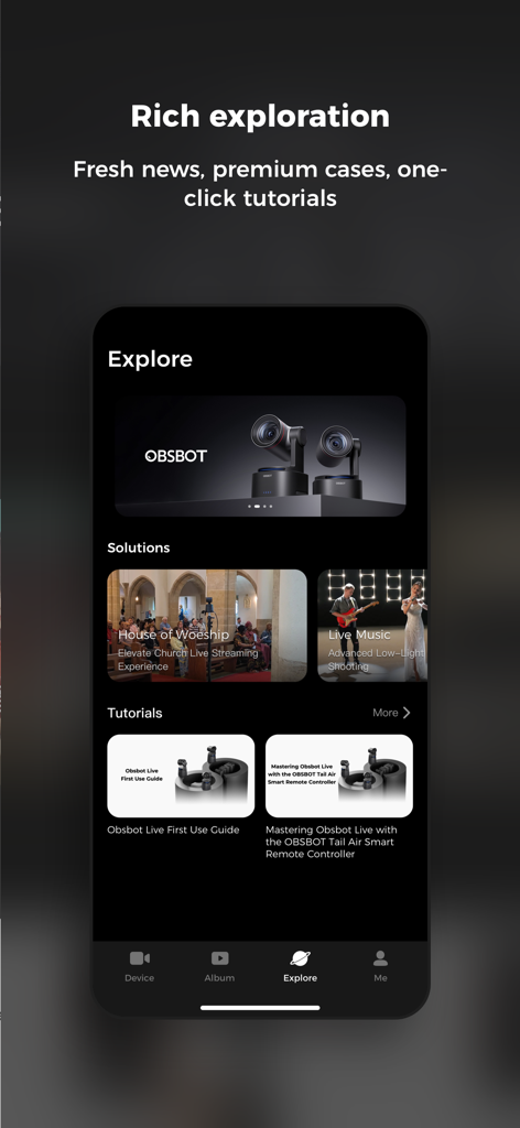 Obsbot Live - Obsbot Live app explore interface showing live streaming solutions and camera tutorials.