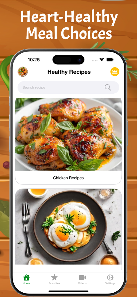 Healthy Recipes - Low Calorie - 건강 레시피 앱의 홈 화면으로, 심장 건강에 좋은 닭고기와 계란 식사 옵션이 표시됩니다.