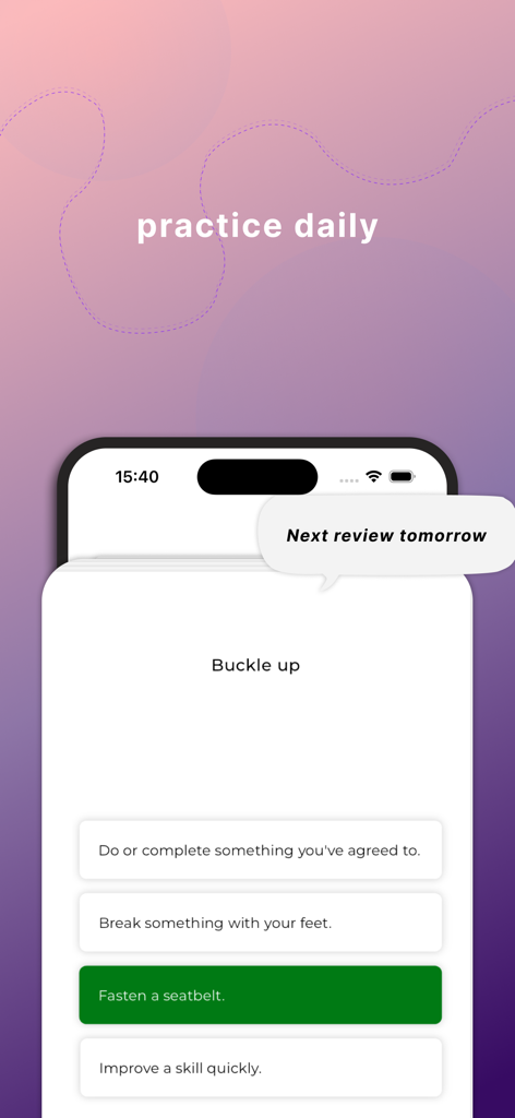 English Phrasal Verbs & Dict. - 영어 구동사 앱의 모바일 앱 스크린샷으로, 'buckle up'이라는 문구에 대한 객관식 옵션이 있는 일일 구동사 퀴즈가 표시됩니다.
