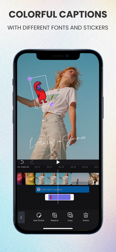 Filmigo mobile app interface demonstrating how to add artistic captions and stickers to a video project.