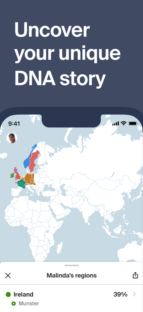 Ancestry: Family History & DNA - Ancestry app screen showing DNA ethnicity results and world map regions