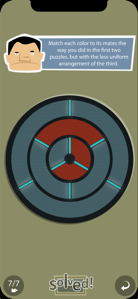 Mystery Puzzle Museum - A hand-drawn logic puzzle in Mystery Puzzle Museum featuring concentric circles and a character dialogue box with instructions.