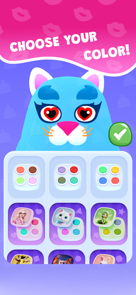 Talk to me Slimy: Brain Quiz - Pantalla de personalización de personajes en la aplicación Háblame, Bicho que muestra varias paletas de colores y estilos.