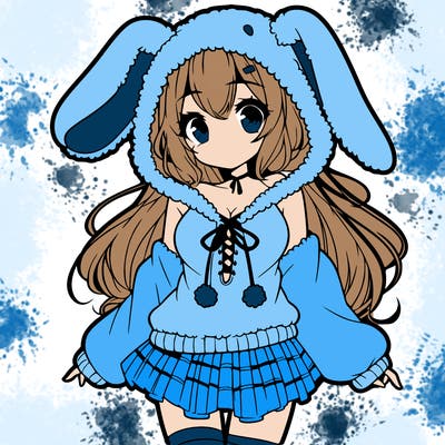 pretty anime girl wearing a fluffy hoodie with bunny ears on the hood and a skirt
