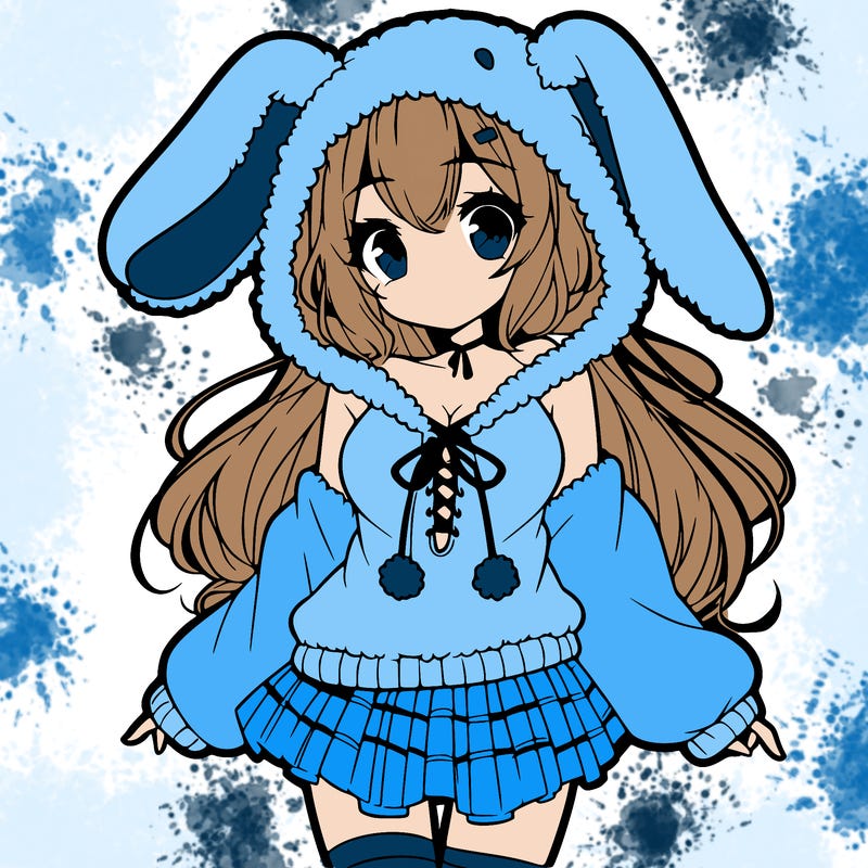 pretty anime girl wearing a fluffy hoodie with bunny ears on the hood and a skirt